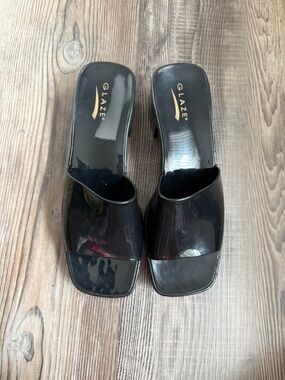 Glaze Black Patent Slide Mules